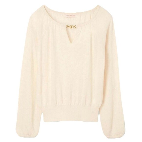 Tory Burch Gemini Size Small Link 100% Cashmere Cream Sweater $325 Logo - Picture 15 of 15
